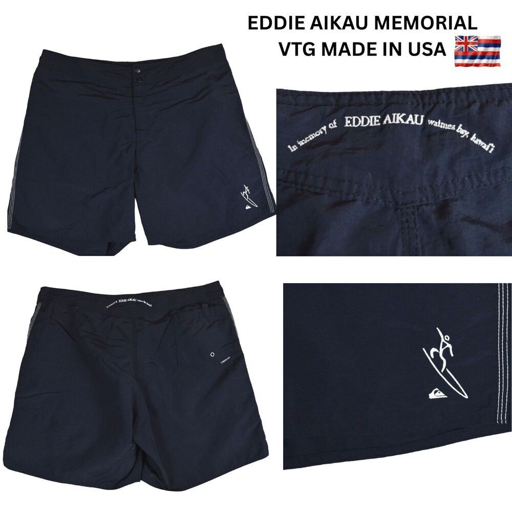Vintage QUIKSILVER Board Shorts Eddie Aikau Waimea Bay Black Surfing Sz 40 USA